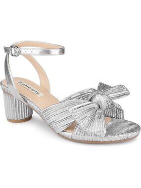 🆕Women's Silver Bow Heels Ankle Strap Block Heel Sandals Wedding Shoes